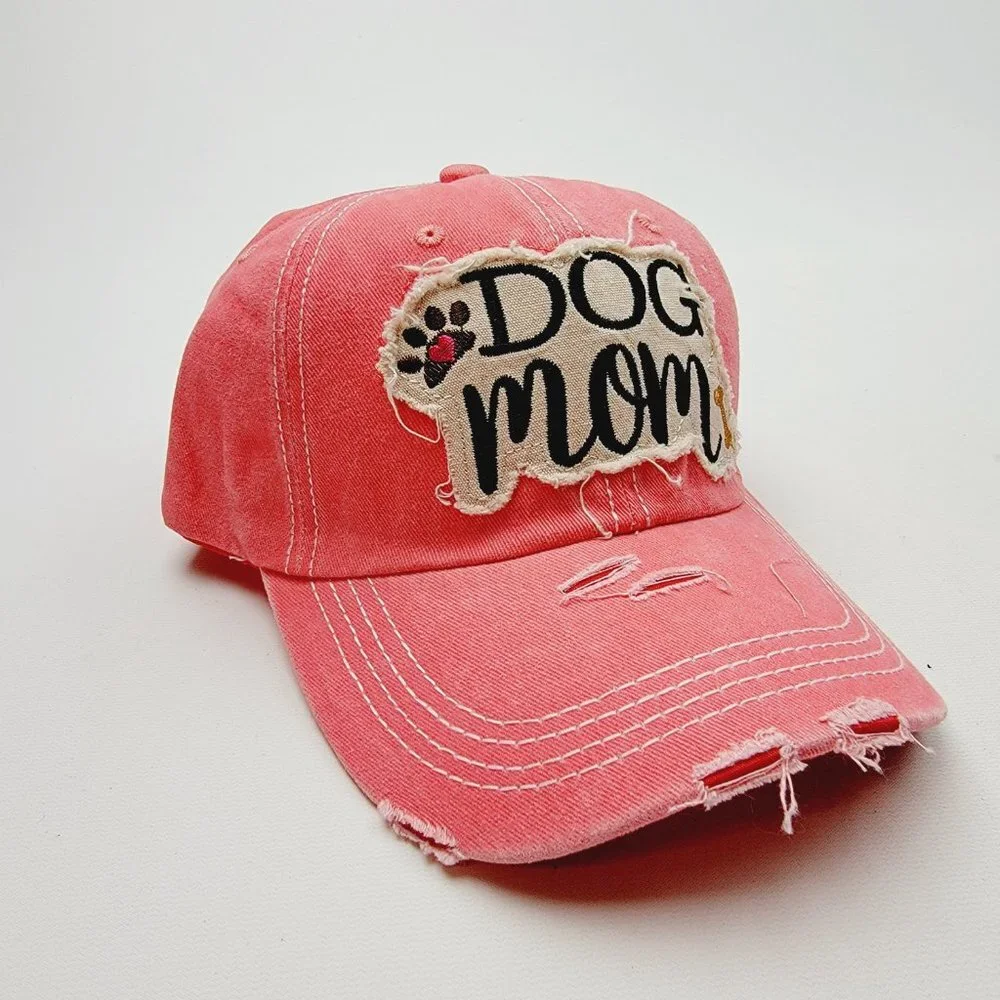 Dog Mom Distressed Relaxed Buckle Strap Full Cover Hat Cap Garment Washed Orange